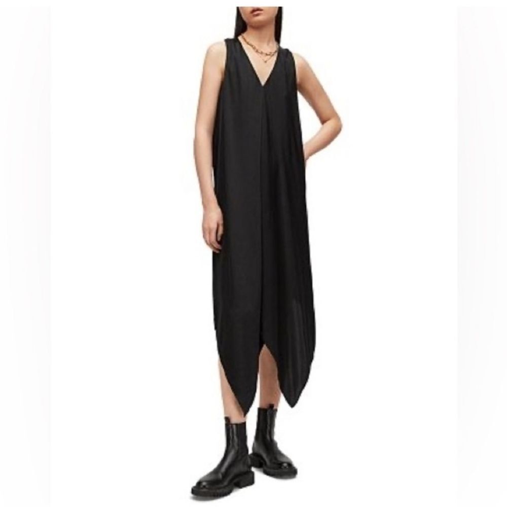 AllSaints Blaze Asymmetric Midi Dress | Black | Size US 4 / UK 8 / EU 36
